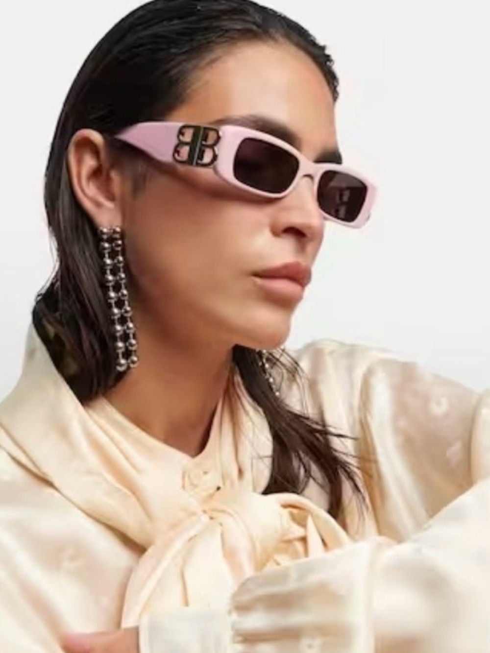 Balenciaga Dynasty Rectangular Pink Frame Silver Logo Sunglasses Dark Grey Lens